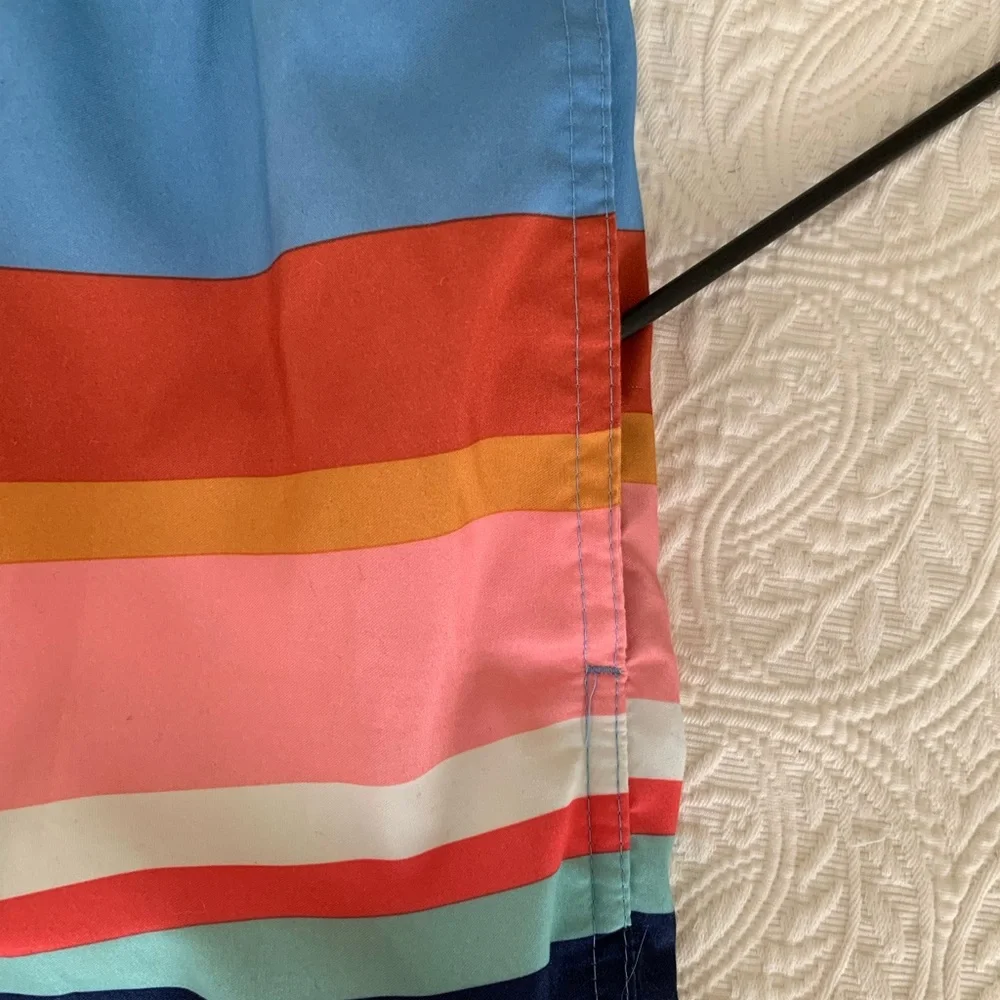 Goodfellow & Co Swim Shorts Men Size M Blue White Pink Stripes Pocket Drawstring